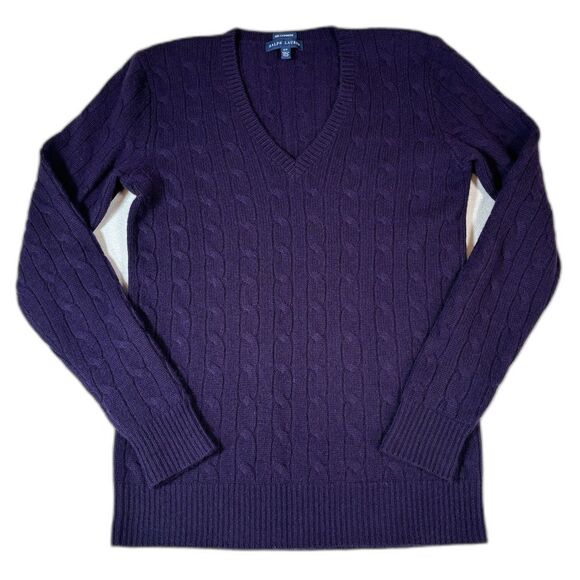 Ralph Lauren Knit  V-neck Pure Cashmere Long Sleeve Sweater Purple Size S Preppy - Picture 1 of 8